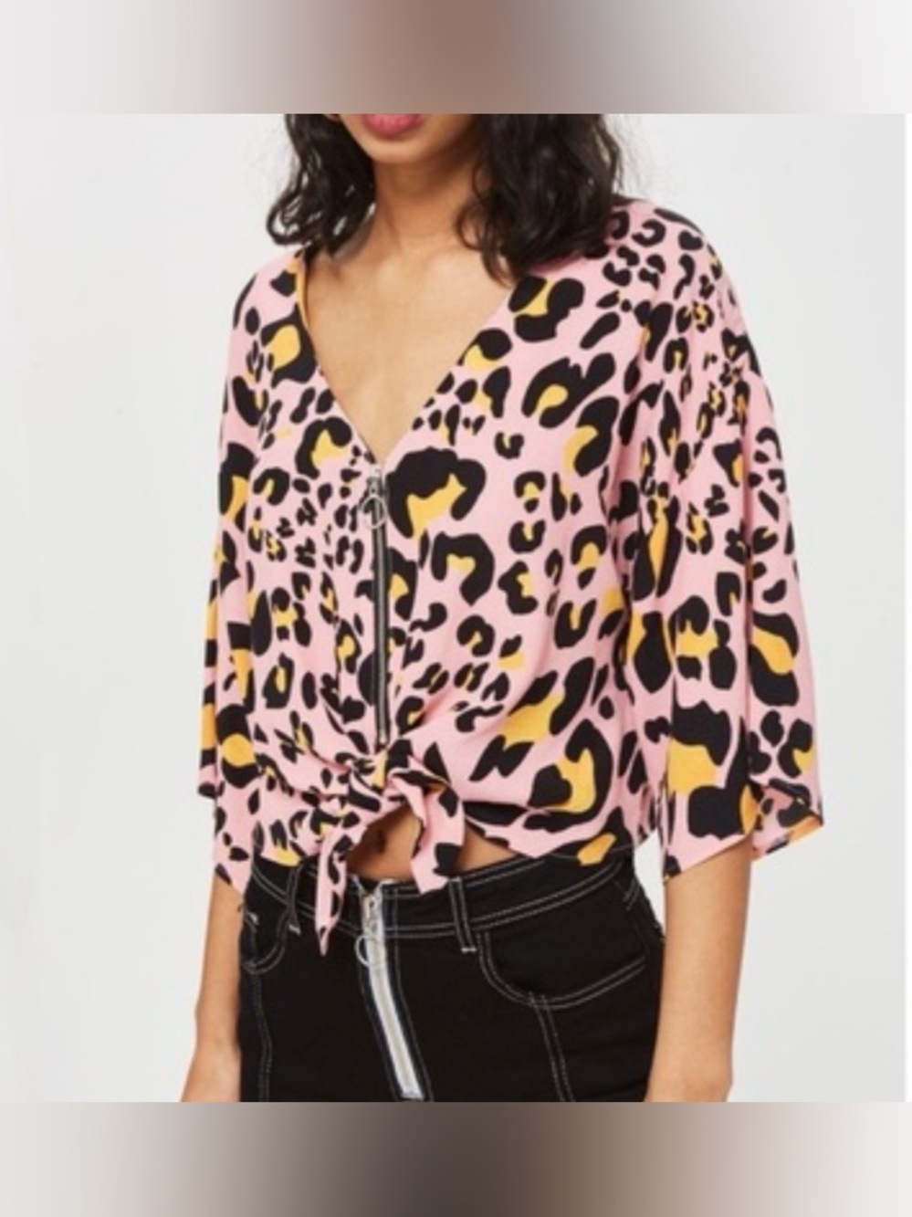 Topshop Pink Leopard Print Tie-Front V-Neck Top